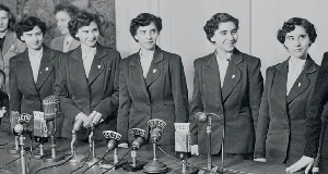 The Dionne sisters at their first formal US press conference in 1952