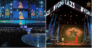 Collage of the Grammys stage and the GMAs stage