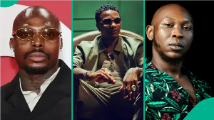 Asake (L) has added his voice to the ongoing feud between Wizkid (M) and Seun Kuti (R)