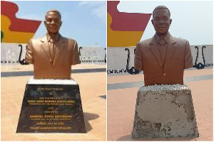 The statue of former President John Evans Atta Mills before (L) and after the vandalism