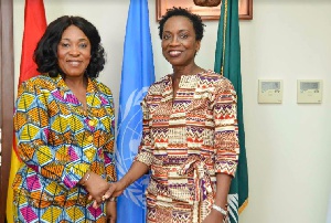 Foreign Affairs Minister, Mrs Shirley A. Botchway (L) in a handshake with Mrs Angela Trenton-Mbonde