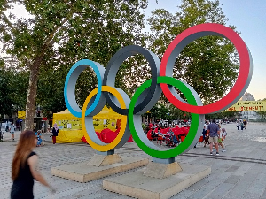 Olympics rings installed at Place de la Bastille in Paris, France