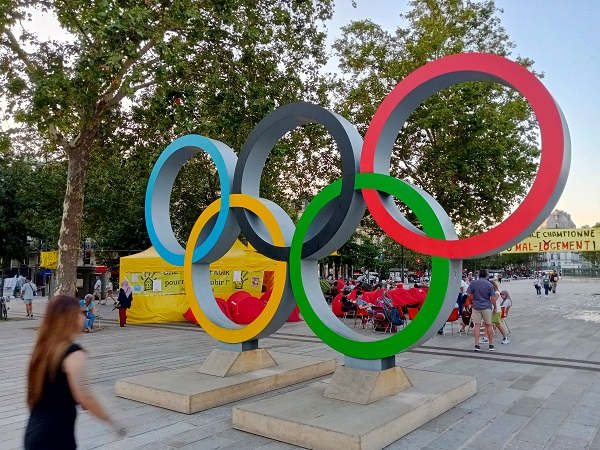 Olympics rings installed at Place de la Bastille in Paris, France