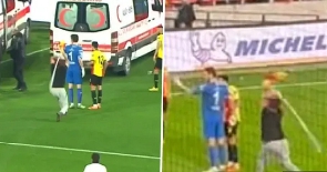 fan attacks goalkeeper with corner flag