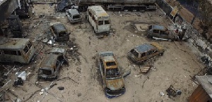 A picture of some burnt cars from the June 3 disaster