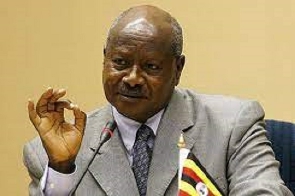 Ugandan President Yoweri Museveni gestures during a speech