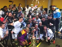 Kwarasey seen with his Ghana flag as he celebrate Timbers title success