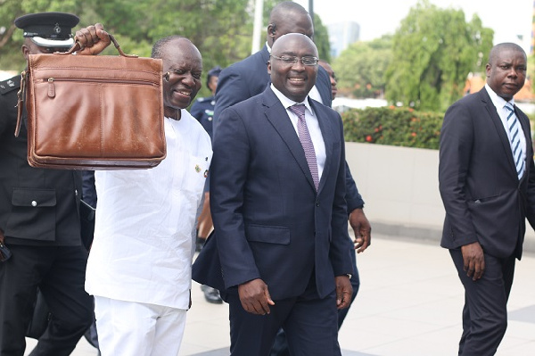 Finance Minister Ken Ofori-Atta with Veep Bawumia earlier this morning going to the Parliament