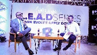 Bola Ray (L) speaking to Jay Foley at the LEAD series