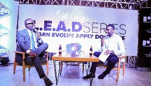Bola Ray (L) speaking to Jay Foley at the LEAD series