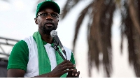 Ousmane Sonko speaks during a rally at the Place de l'Obelisque in Dakar, Senegal