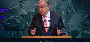 UN Secretary-General Antonio Guterres speaks during a high-level meeting to mark  80th anniversary