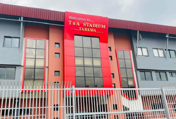 The entrance of the T& A stadium in Tarkwa