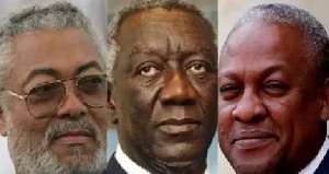 From left ,former President Jerry John Rawlings ,J A Kufour (M) and Ex- President Mahama