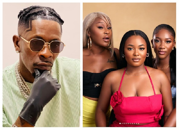 Shatta Wale and the hosts of the podcast; Efia Odo, Princess Burland and Gisela Amponsah