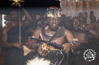 The Asantehene mouthing his parting words while dancing to rhythms from the 'fontonfrom' drums