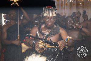 The Asantehene mouthing his parting words while dancing to rhythms from the 'fontonfrom' drums