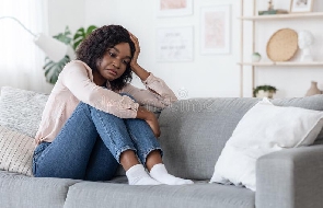 Seasonal Depression Lonely Black Woman Sitting Couch Sad Face Expression Seasonal Depression Lonely 