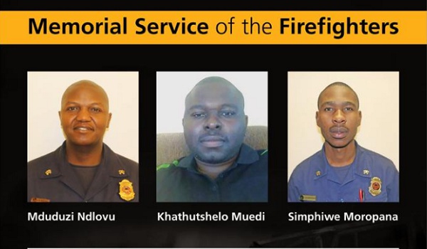 The three South African firefighters, who died last week while battling a blaze
