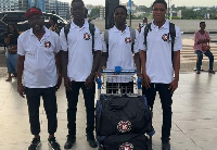 Three of the players of the Kenpong Football Academy with JE Sarpong before their departure