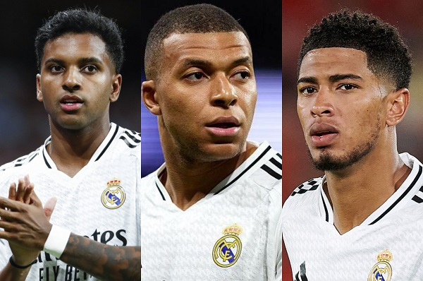 L-R: Rodrygo, Mbappe and Bellingham play for Real Madrid