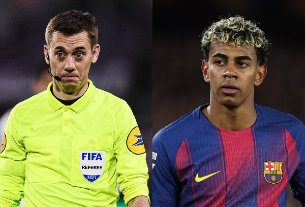 Referee Clement Turpin and Barcelona superstar Lamine Yamal