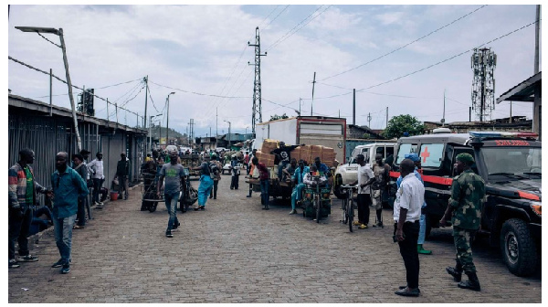 A Congolese army ambulance waits at the border between Rwanda and the Democratic Republic of Congo