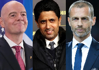L-R: FIFA President Gianni Infantino, PSG owner Nassr Al khelaifi and UEFA President Ceferin