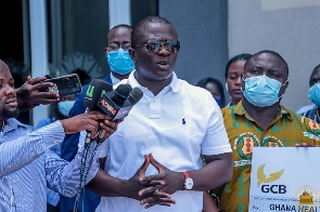 MP for Abetifi constituency, Bryan Acheampong speaking to the media after the donation