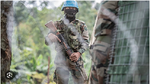 UN blue helmets from Morocco under the MONUSCO umbrella patrol in the territory Nyiragongo  of Nyira