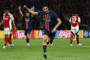 Hakimi (in blue jersey) scored the second goal for PSG to beat Arsenal