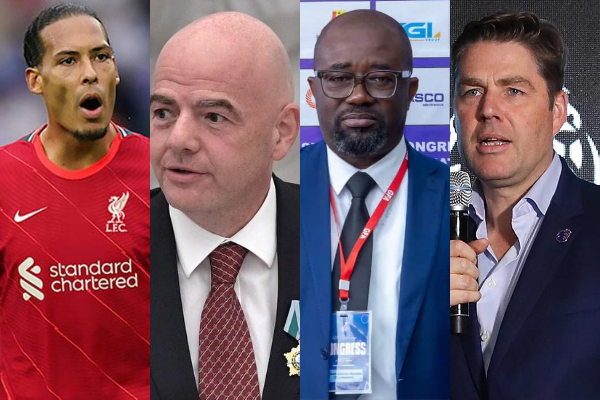 (L-R) Virgil van Dijk, Gianni Infantino, Kurt Okraku and Richard Masters