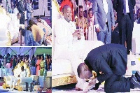 Members kissing pastor's feet for blessing