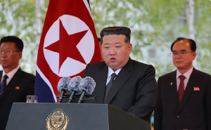 Prez. Kim Jong Un delivers a speech at the completion ceremony of the Pyongyang General Hospital