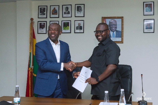 Francis Asenso-Boakye handing over to his successor, Kojo Oppong Nkrumah