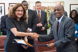 File photo of Mahama with Finance Minister Seth Terkper at the signing og the IMF deal
