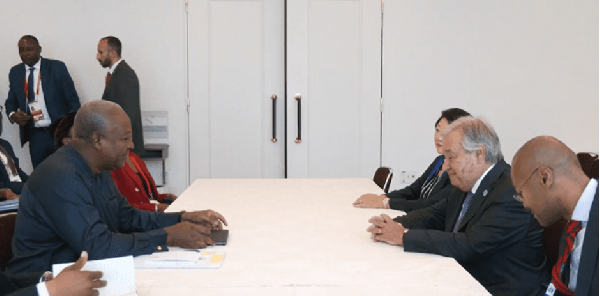 President John Mahama seen in a meeting with UN Secretary-General António Guterres
