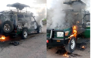 A combination of handout photos showing a burning tour vehicle in which the victims were travelling