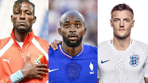 L-R Benjamin Asare, Jean-Pjilippe Mateta and Jamie Vardy