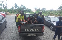 The freed suspects aboard a vehicle at the Court premise