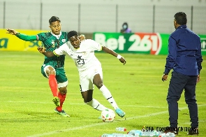Black Stars winger, Ernest Nuamah in action against Madagascar