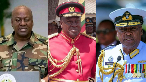 President Mahama wearing the Army's camo green and red and the Navy uniform