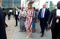Melania walks alongside Rebecca Akufo-Addo during a visit to the Greater Accra Regional Hospital