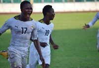 Asokwa Deportivo striker Joel Fameyeh  celebrates a goal with a colleague