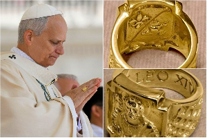 Pope Leo XIV wearing the fisherman’s ring (L) and details of the ring (R)