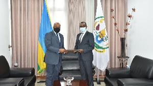 South African High Commissioner-Designate Mandisi Bongani Mabuto Mpahlwa with Rwanda's Foreign Affai