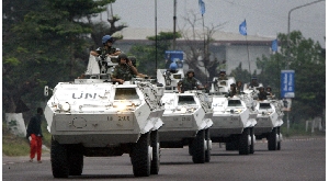 UN peacekeeping troops patrol the streets in armoured personnel carriers in DRC'S capital