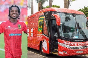 Collage of Asante Kotoko midfielder, Richmond Lamptey and the bus