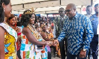 President Mahama in a handshake with Esi reigning queen of TV3