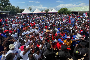 A crowd cheering Dr. Bawumia